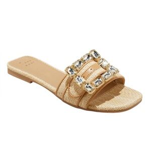 a new day Women's Kelsey Rhinestone Buckle Slide Sandals Block Heel, Raffia 8.5
